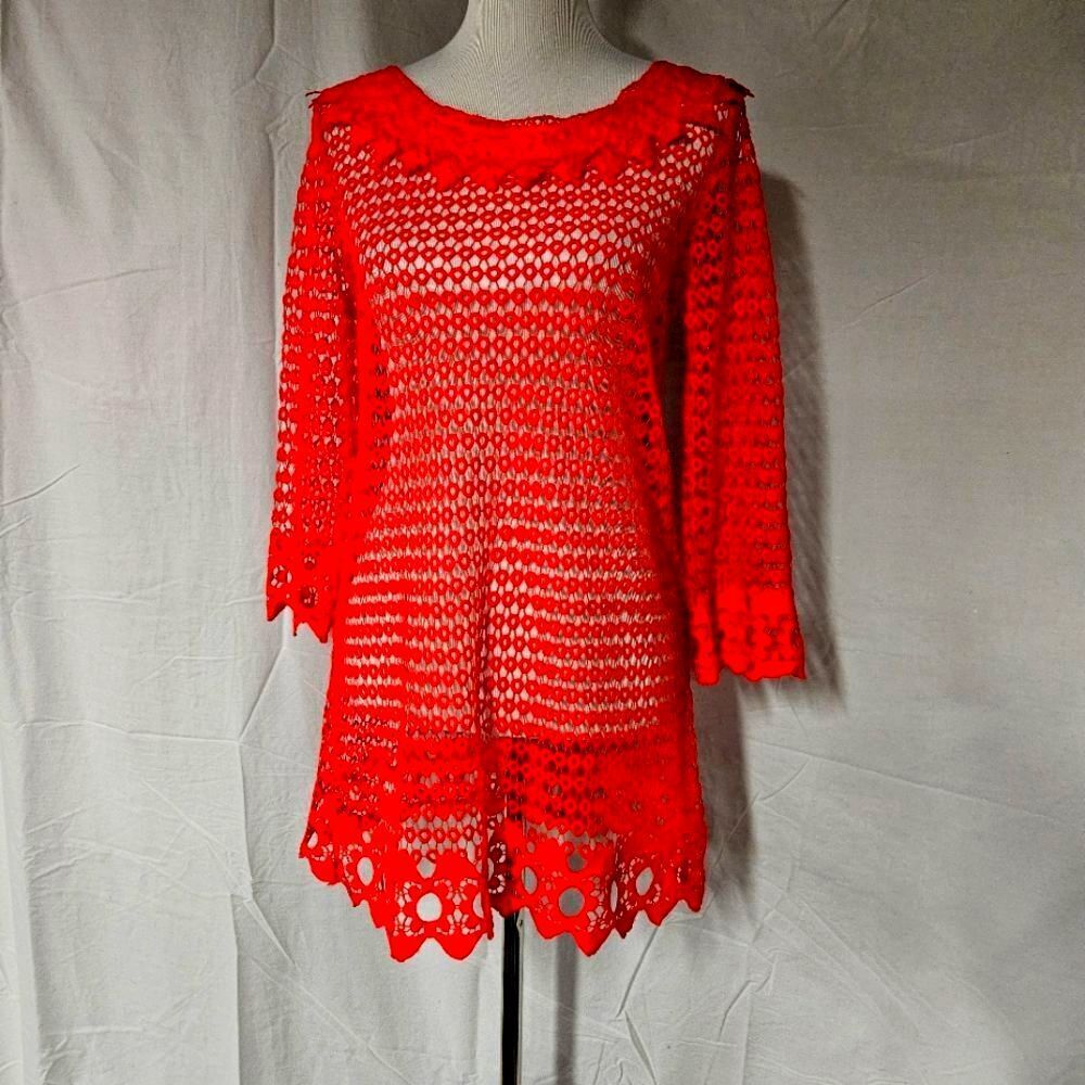 Forgotten Grace Deep Coral Orange Sheer Crocheted Tunic Top Cover-Up Blouse